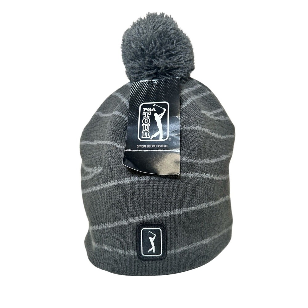 PGA TOUR Pom Pom Beanie Asphalt Knit Winter Hat Grey Official Licensed Mens New